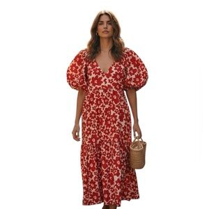 Zara Red and White Floral Midi Dress